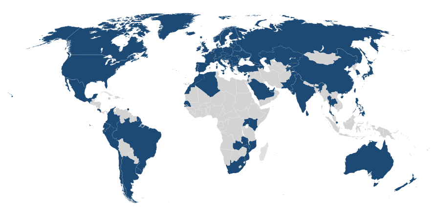 Världskarta med länder vars forskningsnät anslutit sig till eduroam